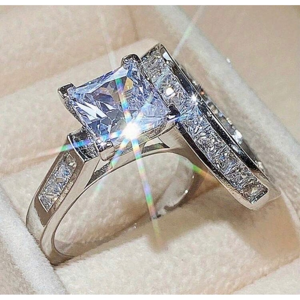 Princess Cut Bridal Ring Set Silver Tone Engagement Wedding Band Size 6